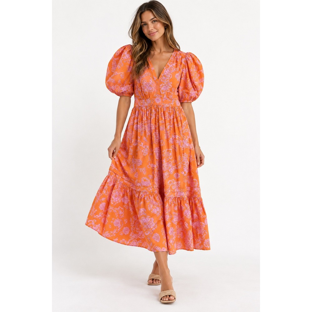 Xirena Larkyn Tropicana Orange Floral Cotton Puff Sleeve Tiered Maxi Dress Small